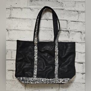 Bliss Black Faux Leather Tote With Sequins Stripes Detail
